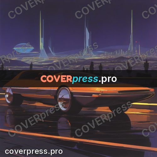 Retro futuristic painting: streamlined car by a night city