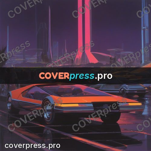 Retro futuristic painting: streamlined car by a night city