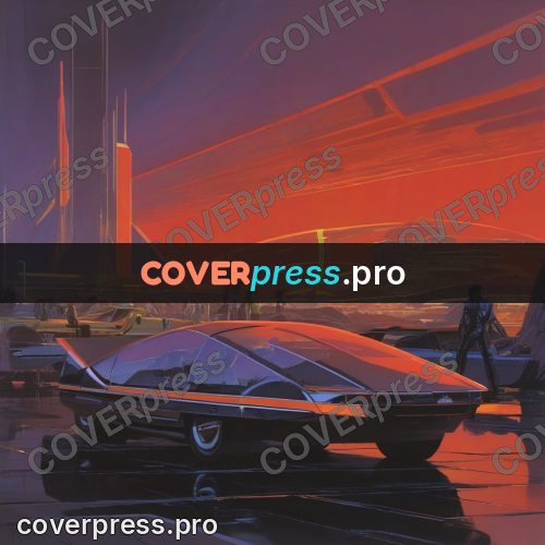 Retro futuristic painting: streamlined car by a night city