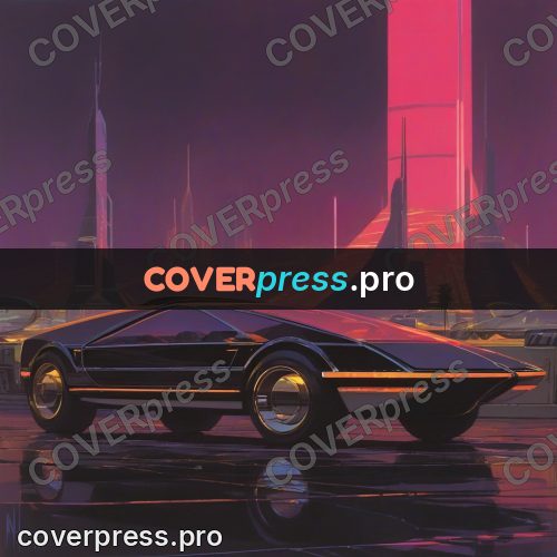 Retro futuristic painting: streamlined car by a night city