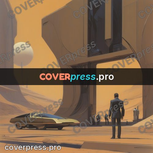 Retro futuristic painting: figure by a sandstone building
