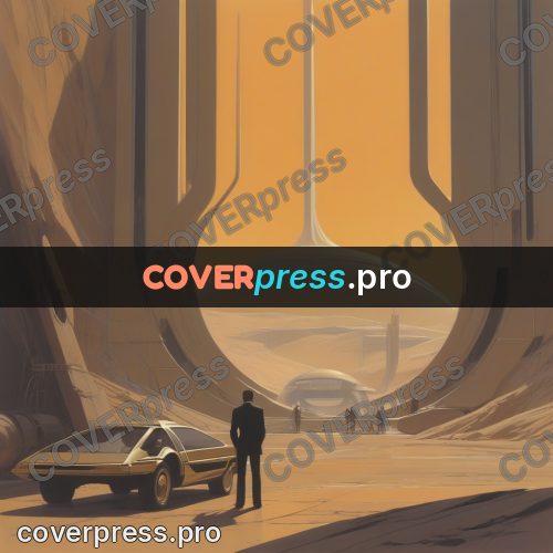 Retro futuristic painting: figure by a sandstone building