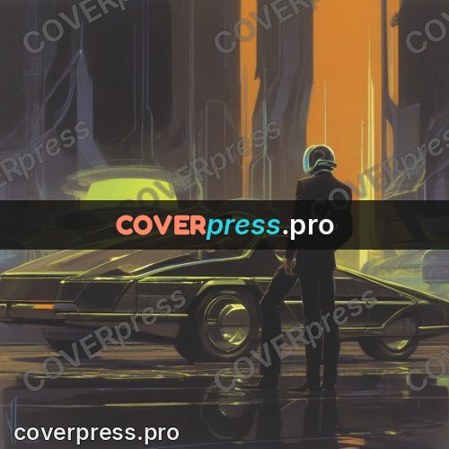 Retro futuristic painting: figure by cars in a city