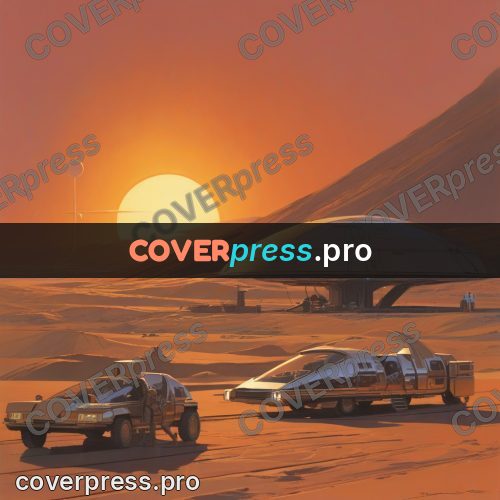 Retro futuristic painting: station in a desert at sunset