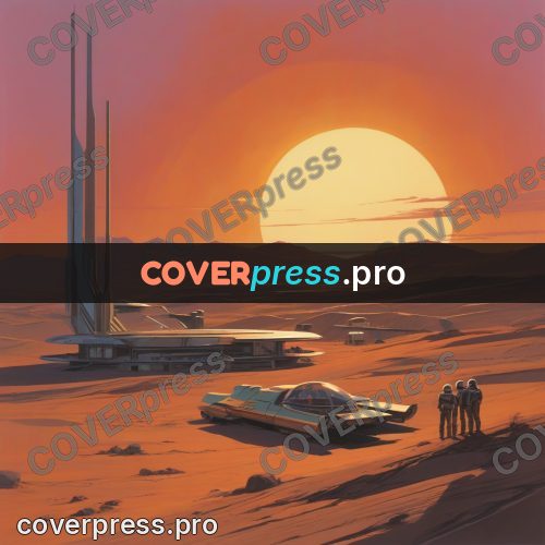 Retro futuristic painting: station in a desert at sunset