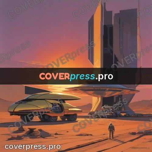 Retro futuristic painting: station in a desert at sunset