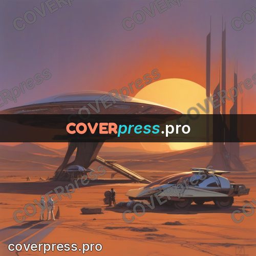 Retro futuristic painting: station in a desert at sunset