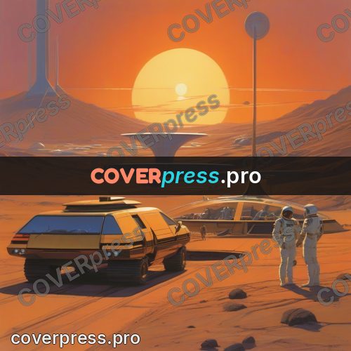 Retro futuristic painting: station in a desert at sunset