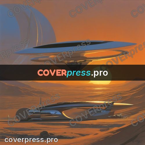 Retro futuristic painting: disc craft above a desert