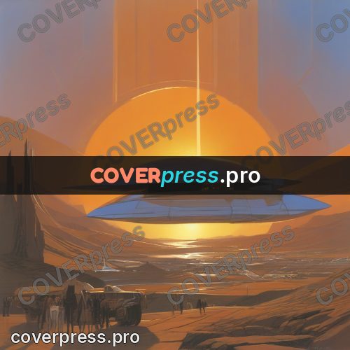 Retro futuristic painting: disc craft above a desert
