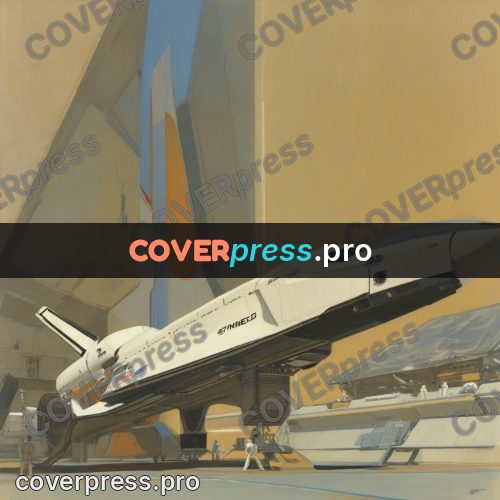 Retro futuristic painting: white shuttle in a hangar