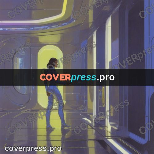 Retro futuristic painting: figure in a lit corridor