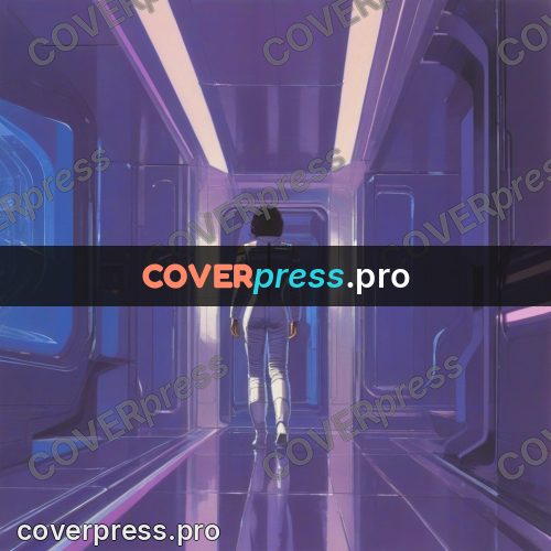 Retro futuristic painting: figure in a lit corridor
