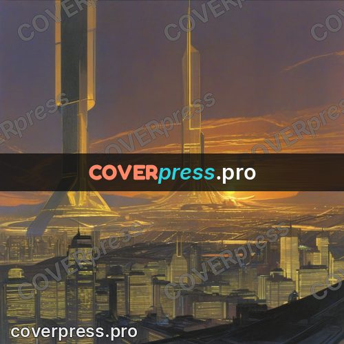 Retro futuristic painting: city with towers at dawn