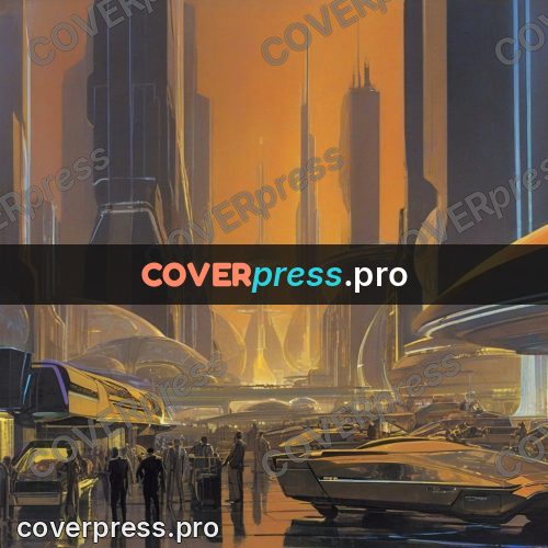 Retro futuristic painting: city with towers at dawn