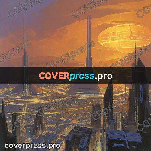 Retro futuristic painting: city with towers at dawn