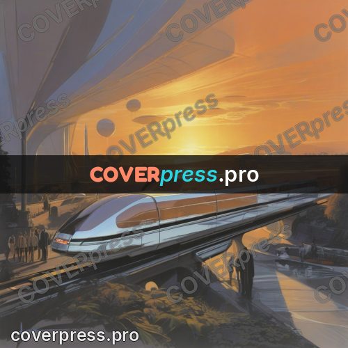 Retro futuristic painting: streamlined train on a viaduct