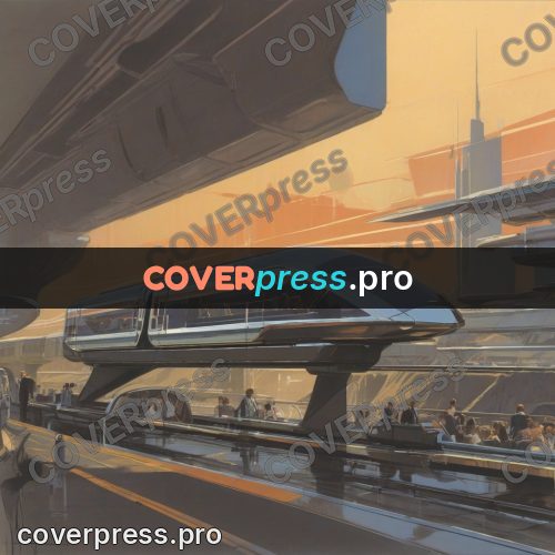 Retro futuristic painting: streamlined train on a viaduct