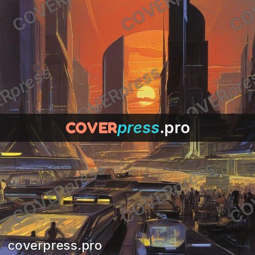 Retro futuristic painting: city from above with traffic