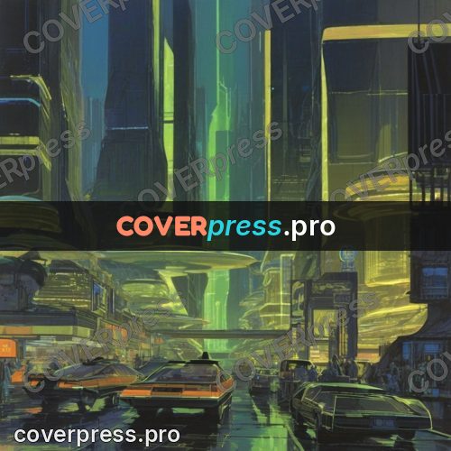 Retro futuristic painting: city from above with traffic