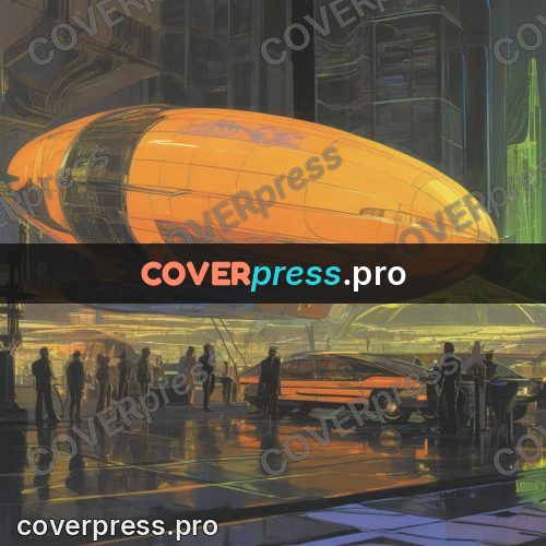 Retro futuristic painting: airship above a city street