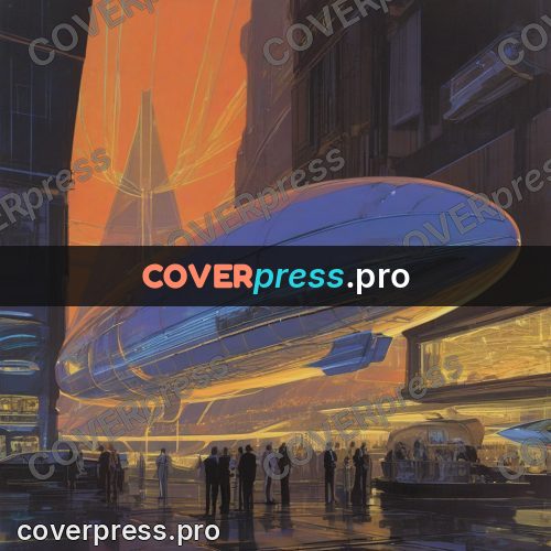 Retro futuristic painting: airship above a city street