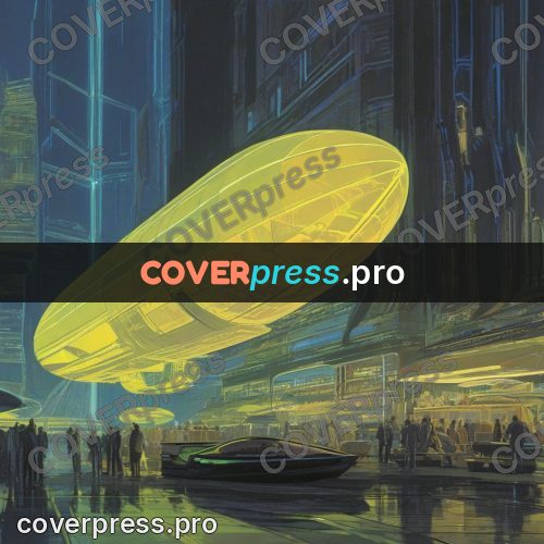 Retro futuristic painting: airship above a city street