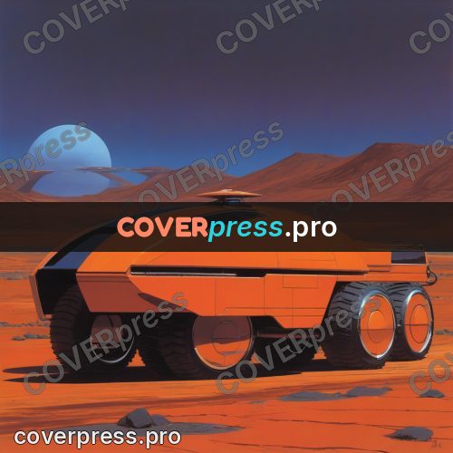 Retro futuristic painting: orange rover in a red desert
