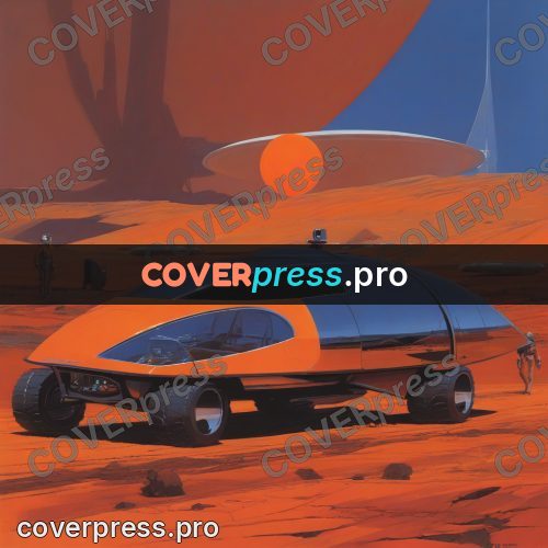 Retro futuristic painting: orange rover in a red desert