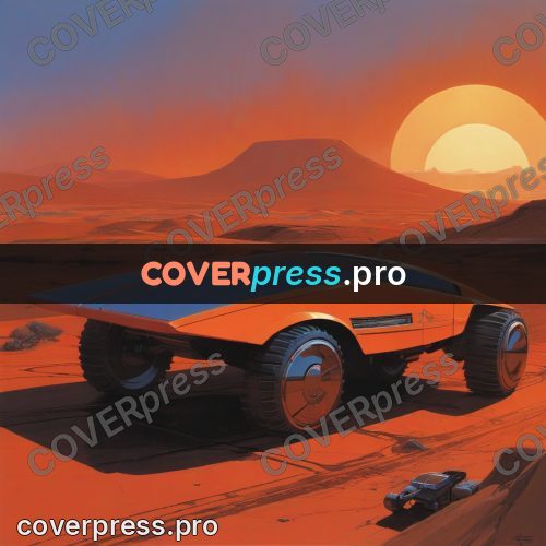 Retro futuristic painting: orange rover in a red desert