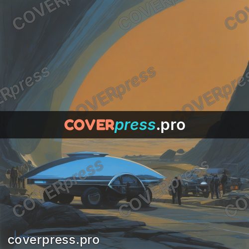 Retro futuristic painting: craft under a giant arch