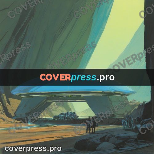 Retro futuristic painting: craft under a giant arch