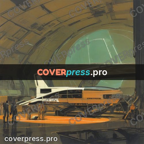 Retro futuristic painting: craft in a round hangar