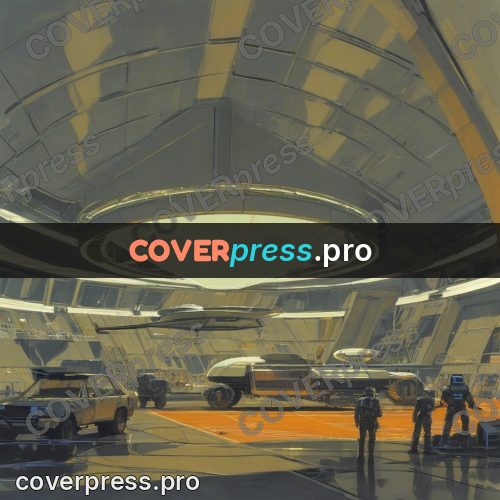 Retro futuristic painting: craft in a round hangar
