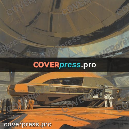 Retro futuristic painting: craft in a round hangar