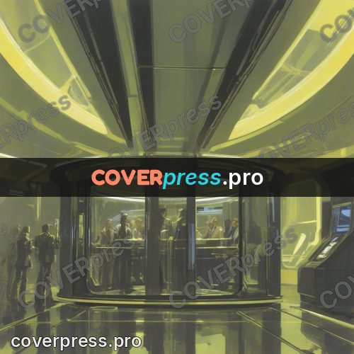 Retro futuristic painting: glass hall with figures