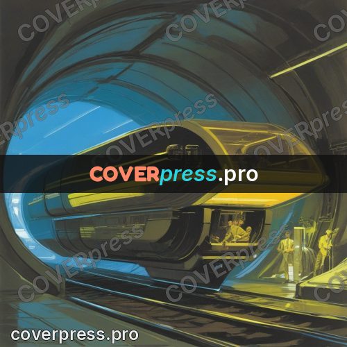 Retro futuristic painting: train in a round tunnel