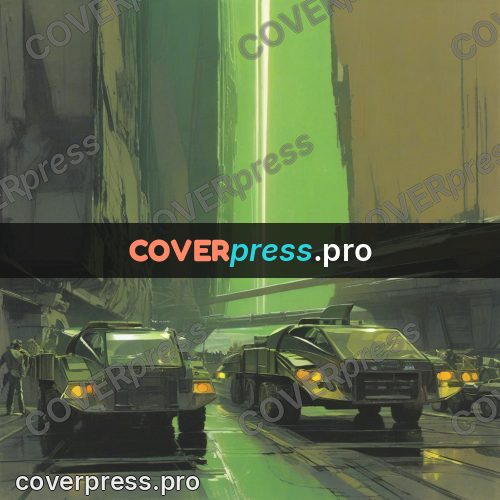 Retro futuristic painting: vehicles in a green gorge