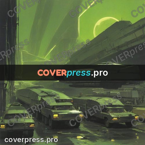 Retro futuristic painting: vehicles in a green gorge