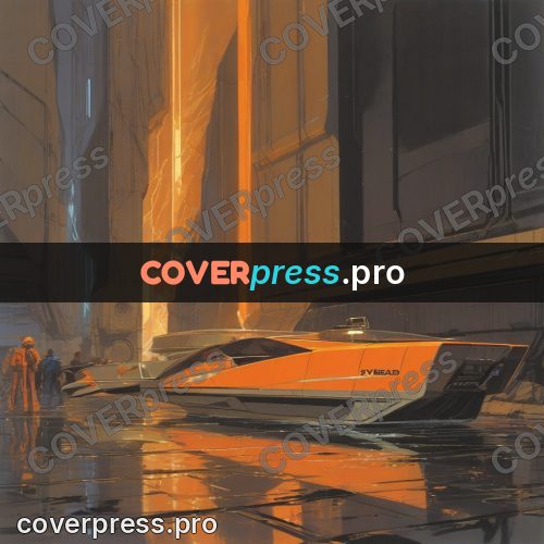 Retro futuristic painting: craft in an orange gorge