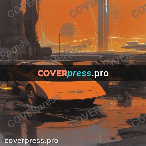 Retro futuristic painting: orange car in a works hall