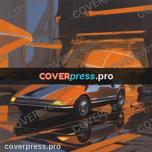 Retro futuristic painting: orange car in a works hall