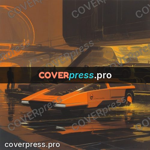 Retro futuristic painting: orange car in a works hall