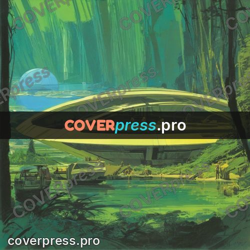 Retro futuristic painting: round building in a green forest