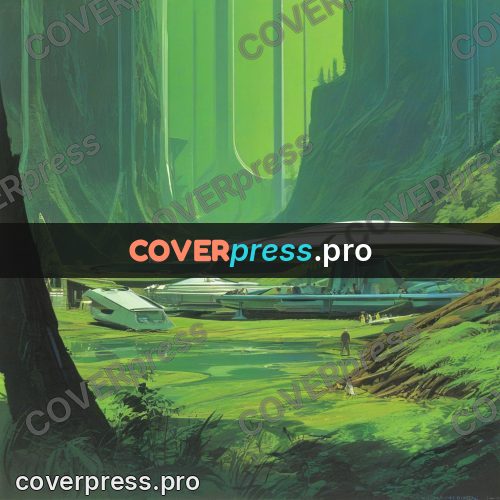 Retro futuristic painting: round building in a green forest