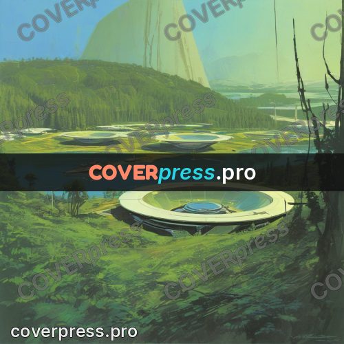 Retro futuristic painting: round building in a green forest