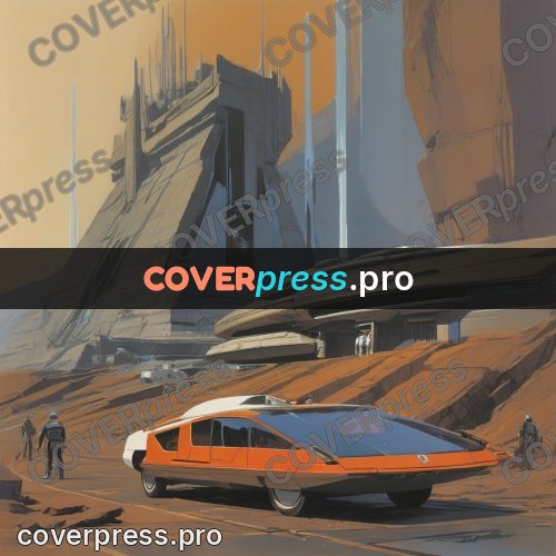 Retro futuristic painting: buildings and cars on a slope