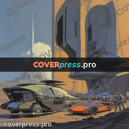 Retro futuristic painting: buildings and cars on a slope