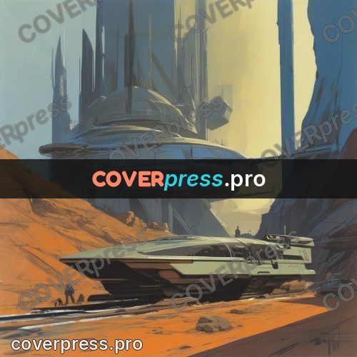 Retro futuristic painting: buildings and cars on a slope