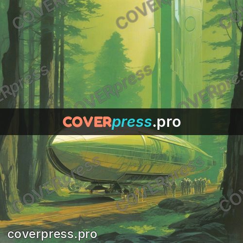 Retro futuristic painting: airship in a green forest